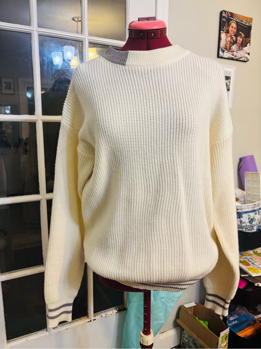 Women's Cream Ribbed Knit Sweater with Contrast Trim